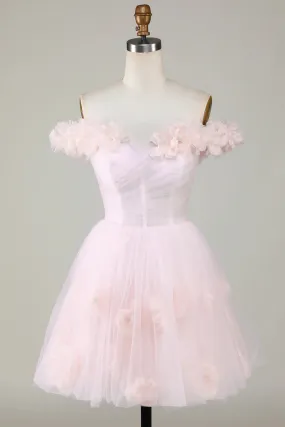 A Line Princess Off the Shoulder Pink Homecoming Dress With Flowers