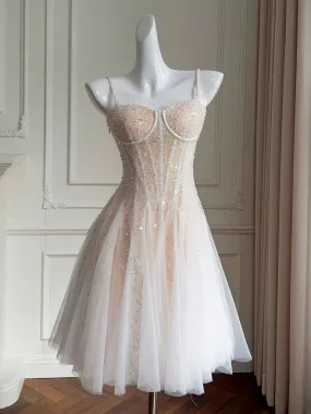 A-Line Princess Sweetheart Neck Tulle Sequin Light Champagne Short Prom Dress