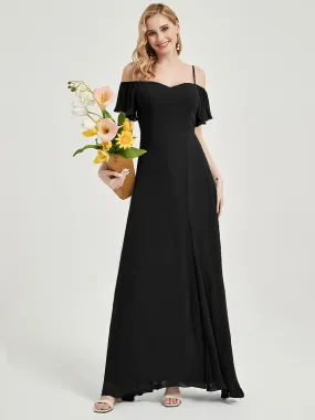 Black Off-Shoulder A-Line Maxi Chiffon Bridesmaid Dress With Leg Slit