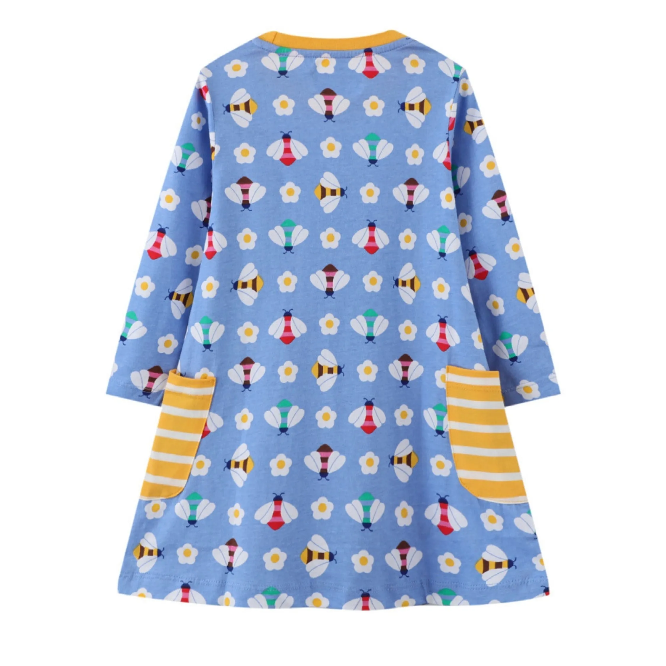 Full Sleeve Bees Print Pockets Girls Dress, Blue