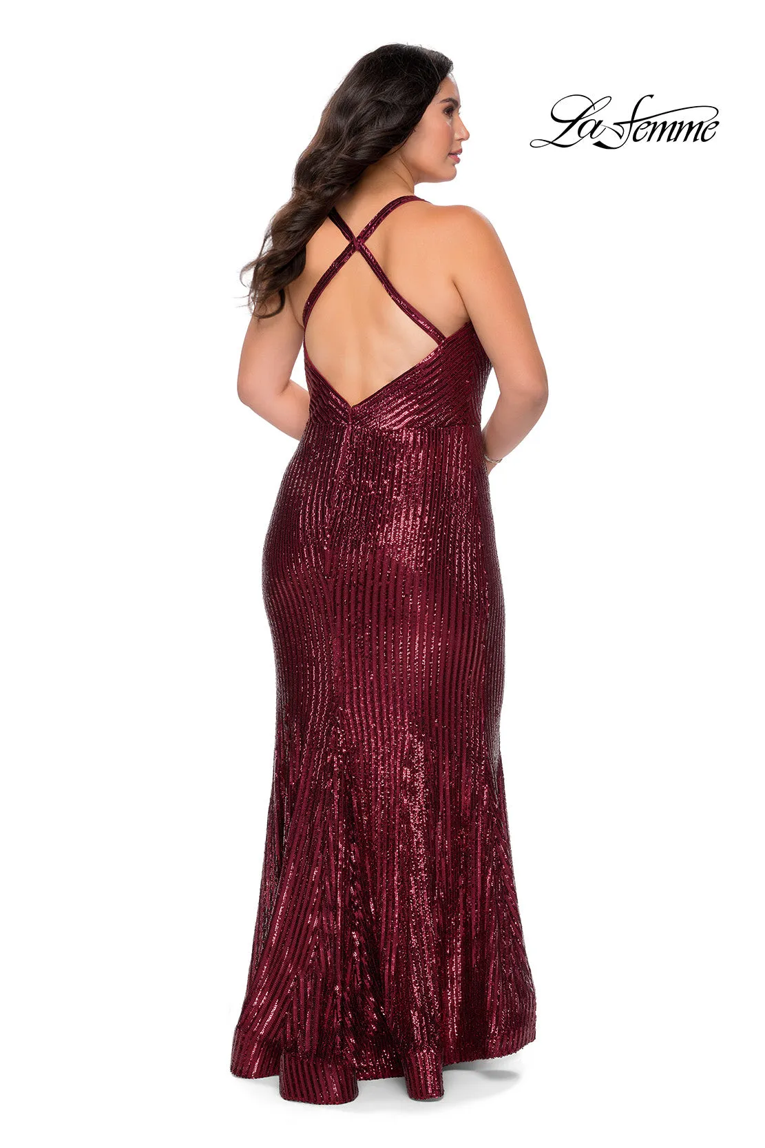 La Femme 29051 Plus Size Sequin Fit And Flare With Criss-Cross Back Detail