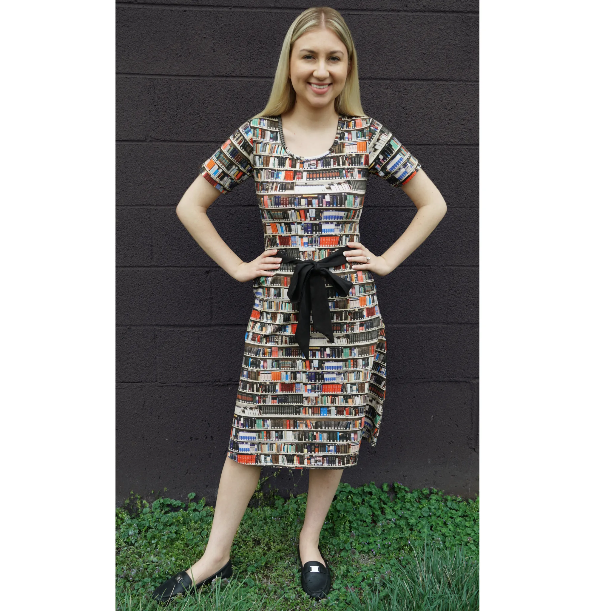 Library Shelves Belted A-Line Dress (No Waist Seam)