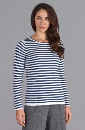 Womens Ultra Fine Cotton Round Neck Breton Stripe Jumper